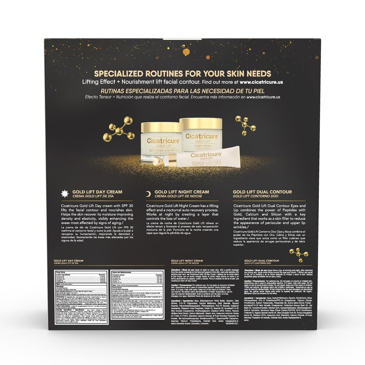 Three-piece Cicatricure Gold Lift routine shown together for daily use.
