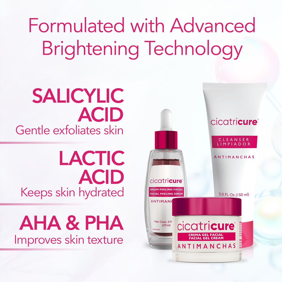 Cicatricure skin texture close-up suggesting radiance improvement.