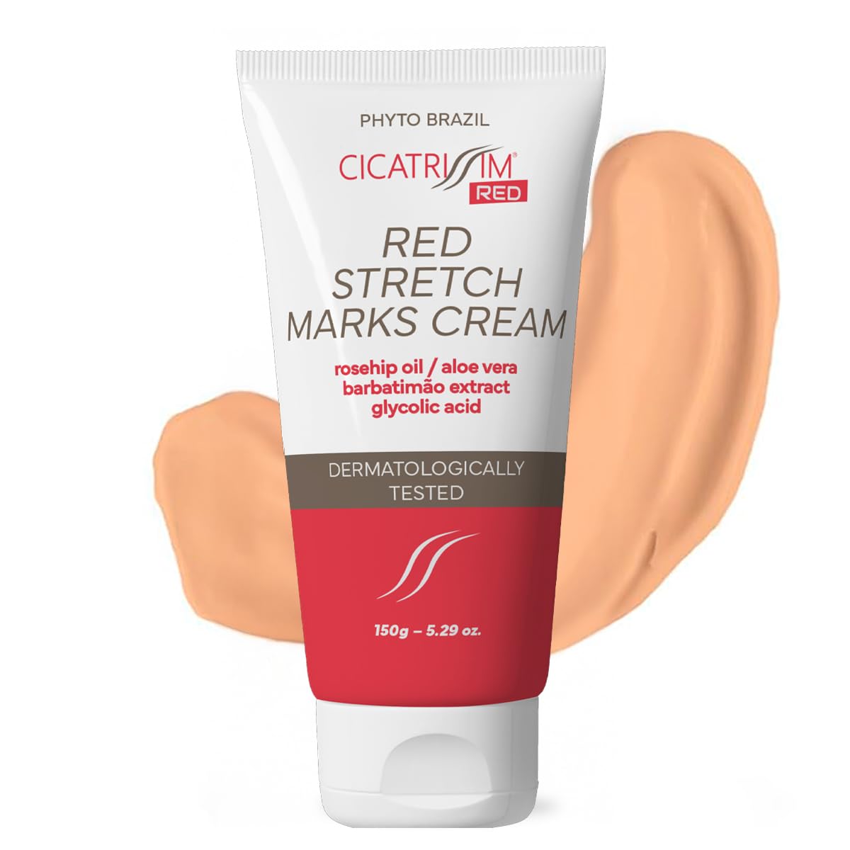 Cicatrissim targeted stretch mark cream bottle highlighting early red and purple marks.