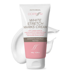 Cicatrissim White cream bottle on abdomen demonstrates targeted smoothing for marks