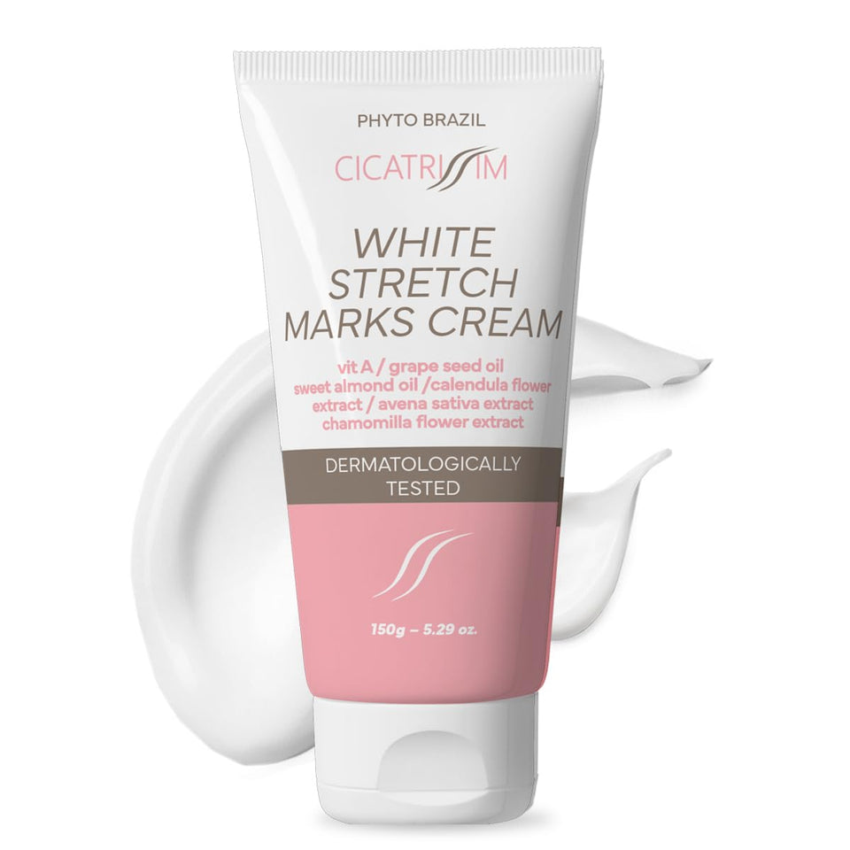 Cicatrissim White cream bottle on abdomen demonstrates targeted smoothing for marks