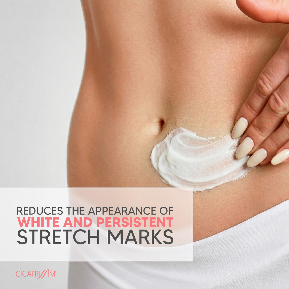 Cicatrissim White cream on thighs indicates even tone and hydration benefits