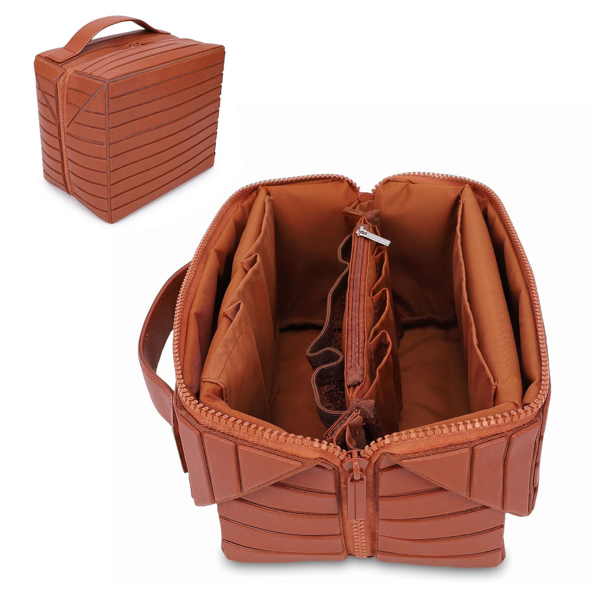Ciciglow travel makeup bag fold-down design for quick access to cosmetics.