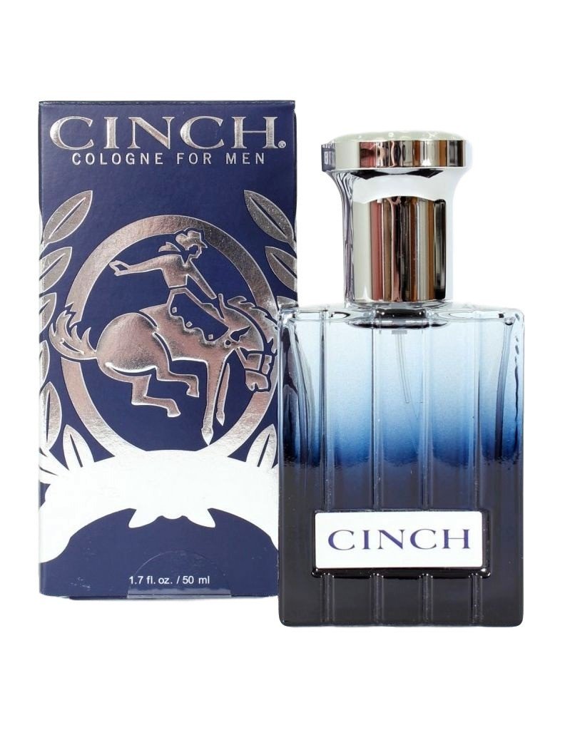 Cinch Men's Classic Cologne bottle highlighting musk, sandalwood, leather, and sage for everyday sophistication.