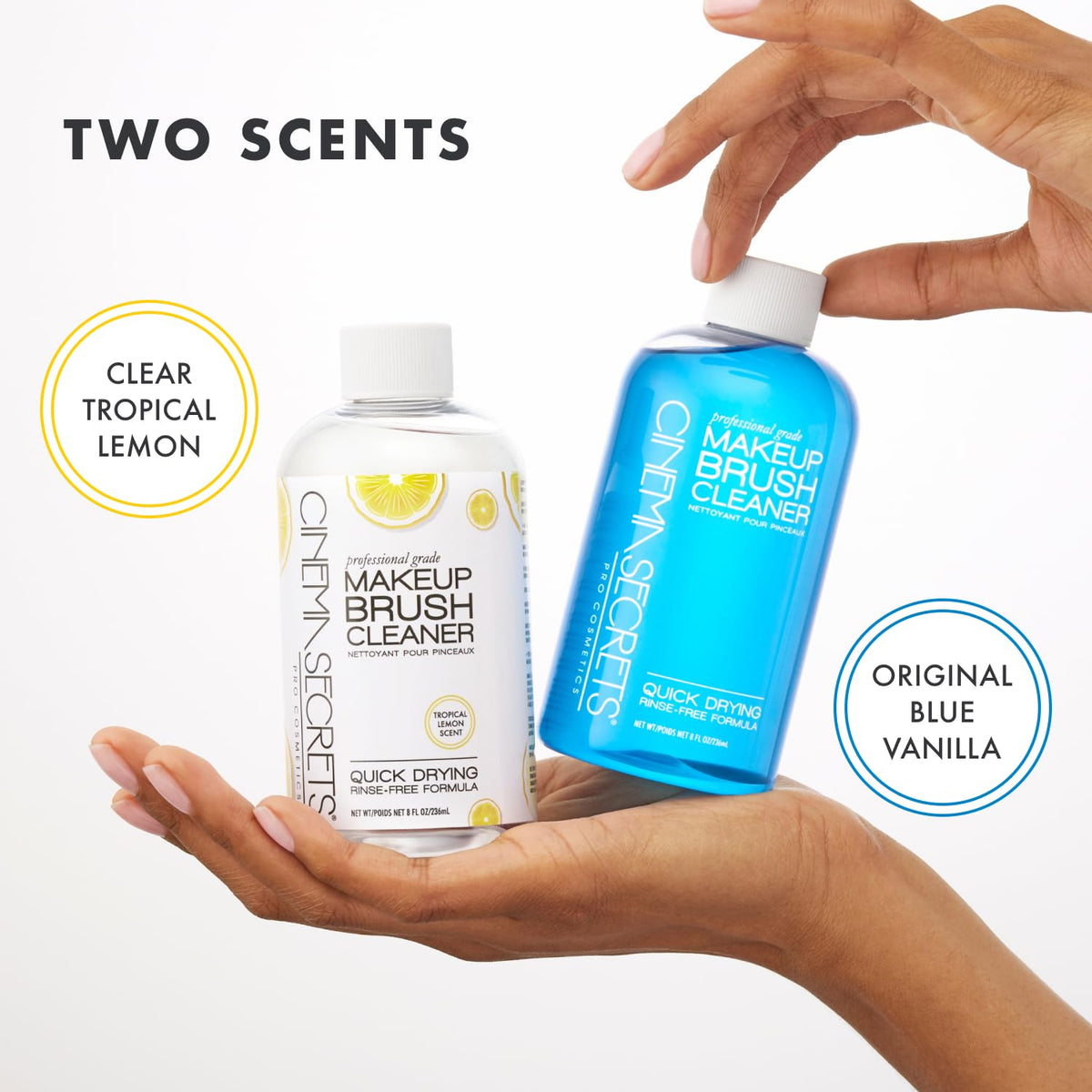Cinema Secrets packaging label communicates trusted, salon-grade brush cleaner.