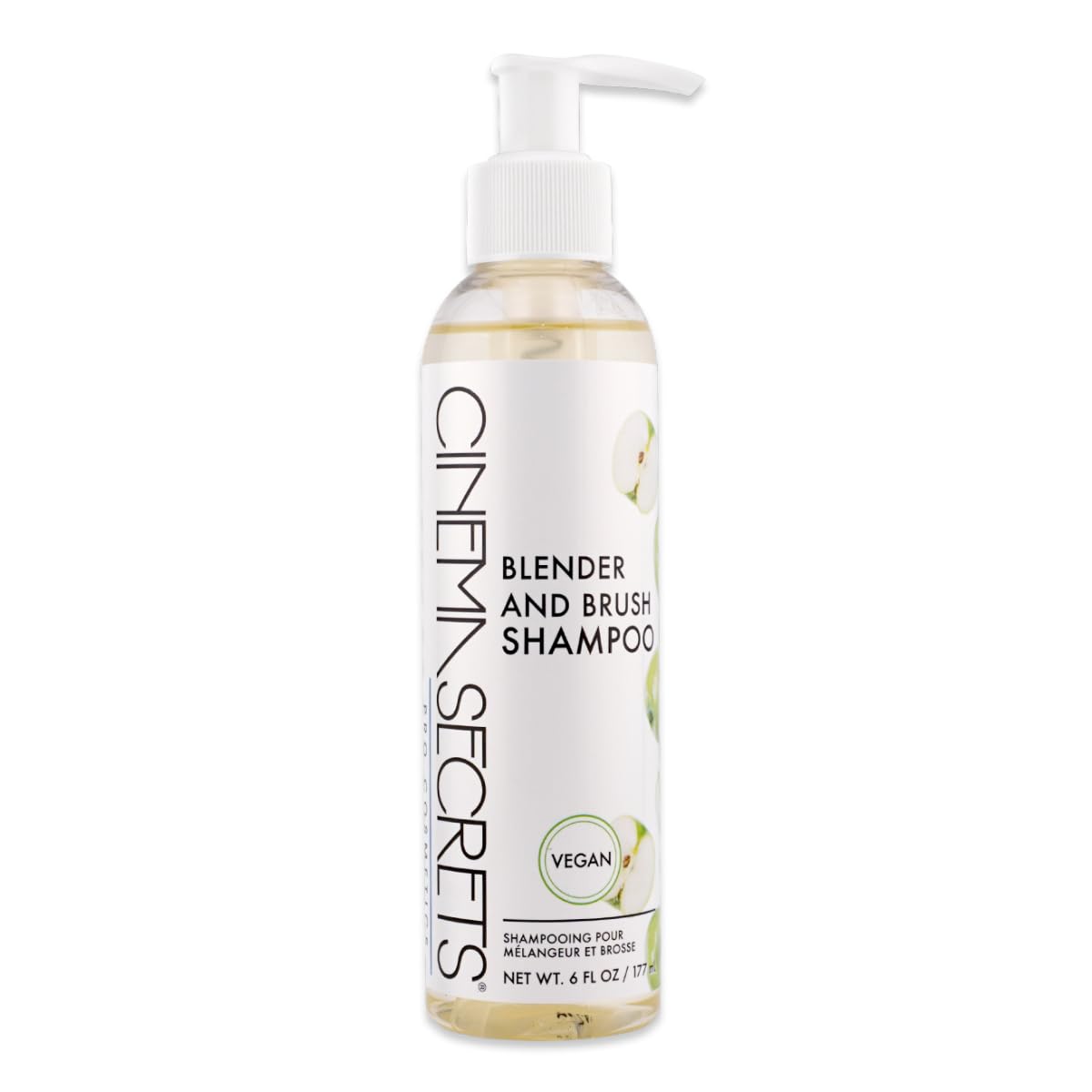 Cinema Secrets vegan makeup brush cleaner bottle demonstrates deep cleansing for brushes and sponges.