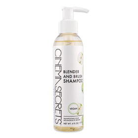 Cinema Secrets vegan makeup brush cleaner bottle demonstrates deep cleansing for brushes and sponges.