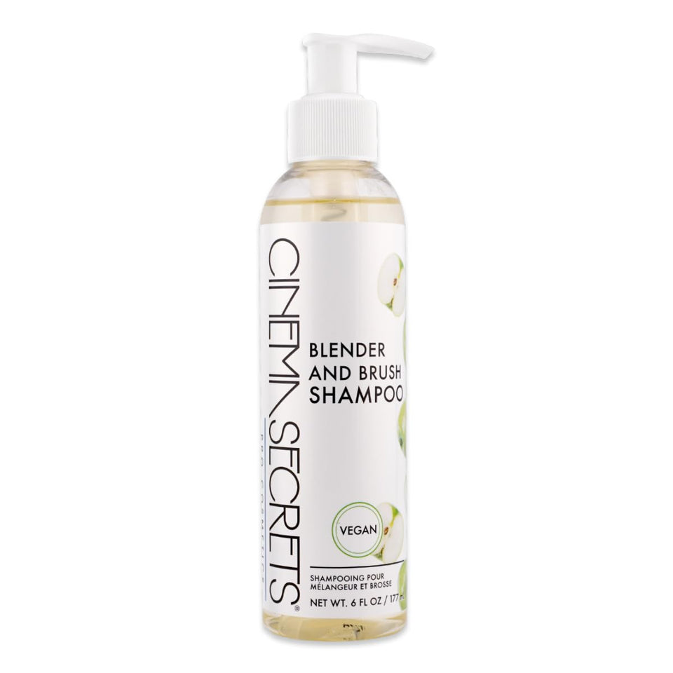 Cinema Secrets vegan makeup brush cleaner bottle demonstrates deep cleansing for brushes and sponges.