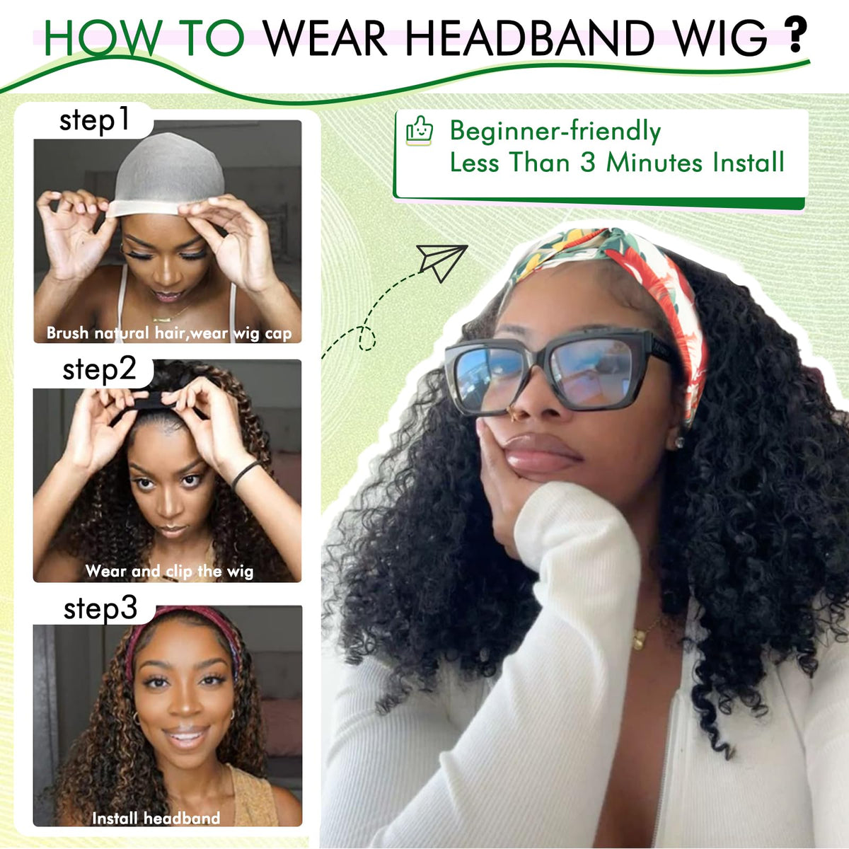 CINHOO Deep Curly Headband Wig curl detail close-up on tangle-resistant fibers.