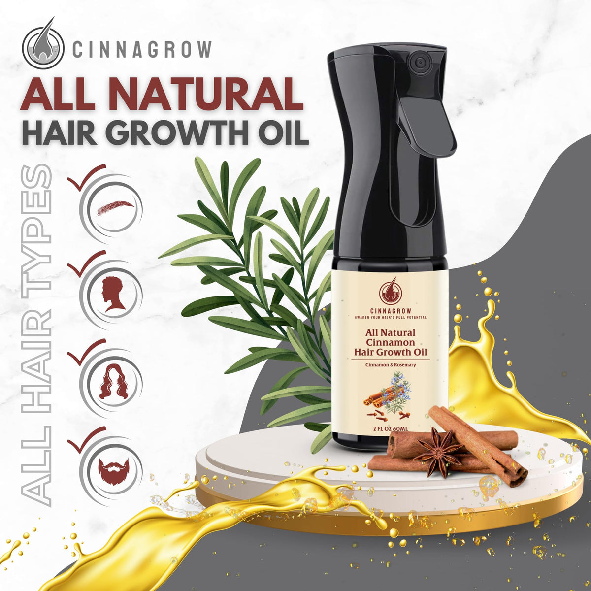 Cinnagrow close-up showing rosemary and cinnamon blend for hair nourishment.