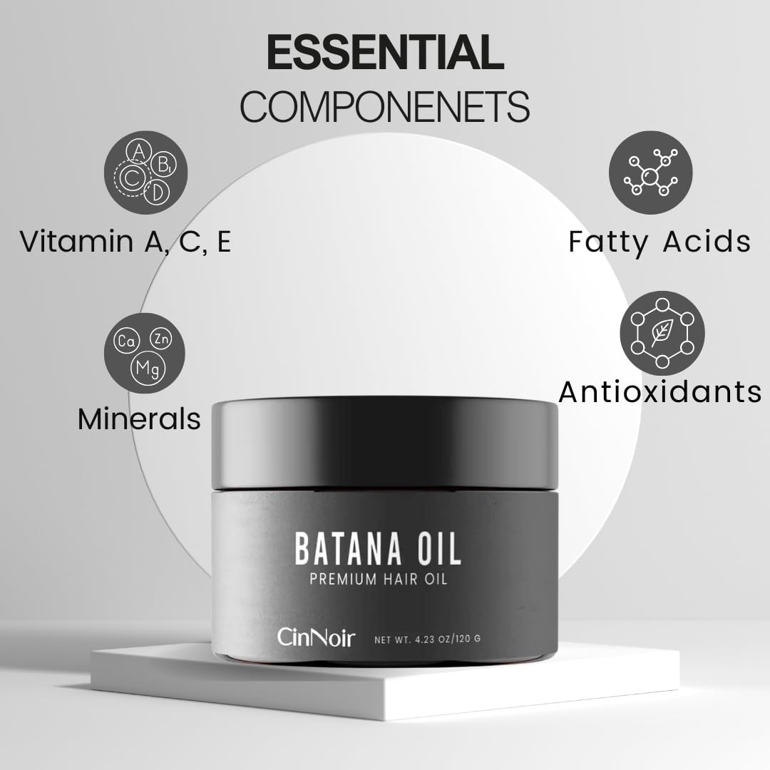 Close-up of CinNoir Batana Oil label showing organic, raw quality