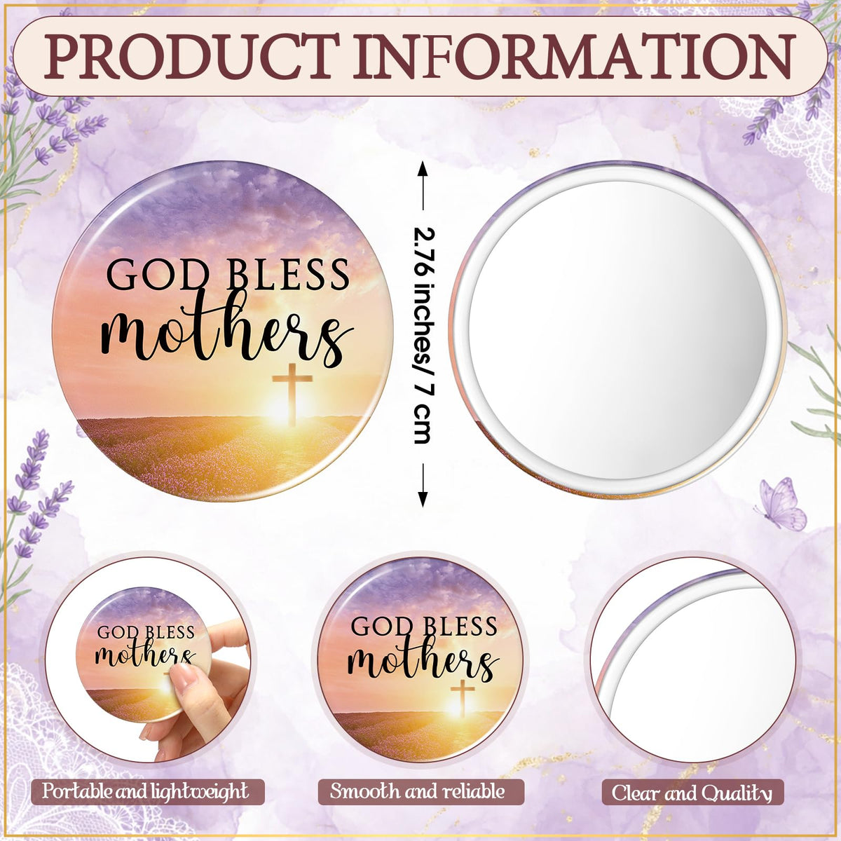 Cinnvoice cross and lavender motif compact mirror for on-the-go touch-ups.