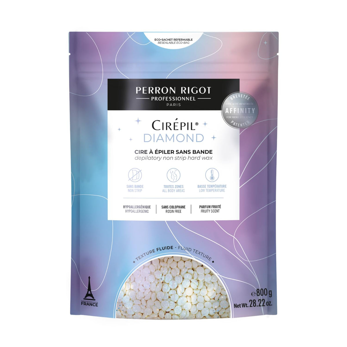 Cirepil Diamond wax beads bag highlights patented technology for efficient one-pass removal.