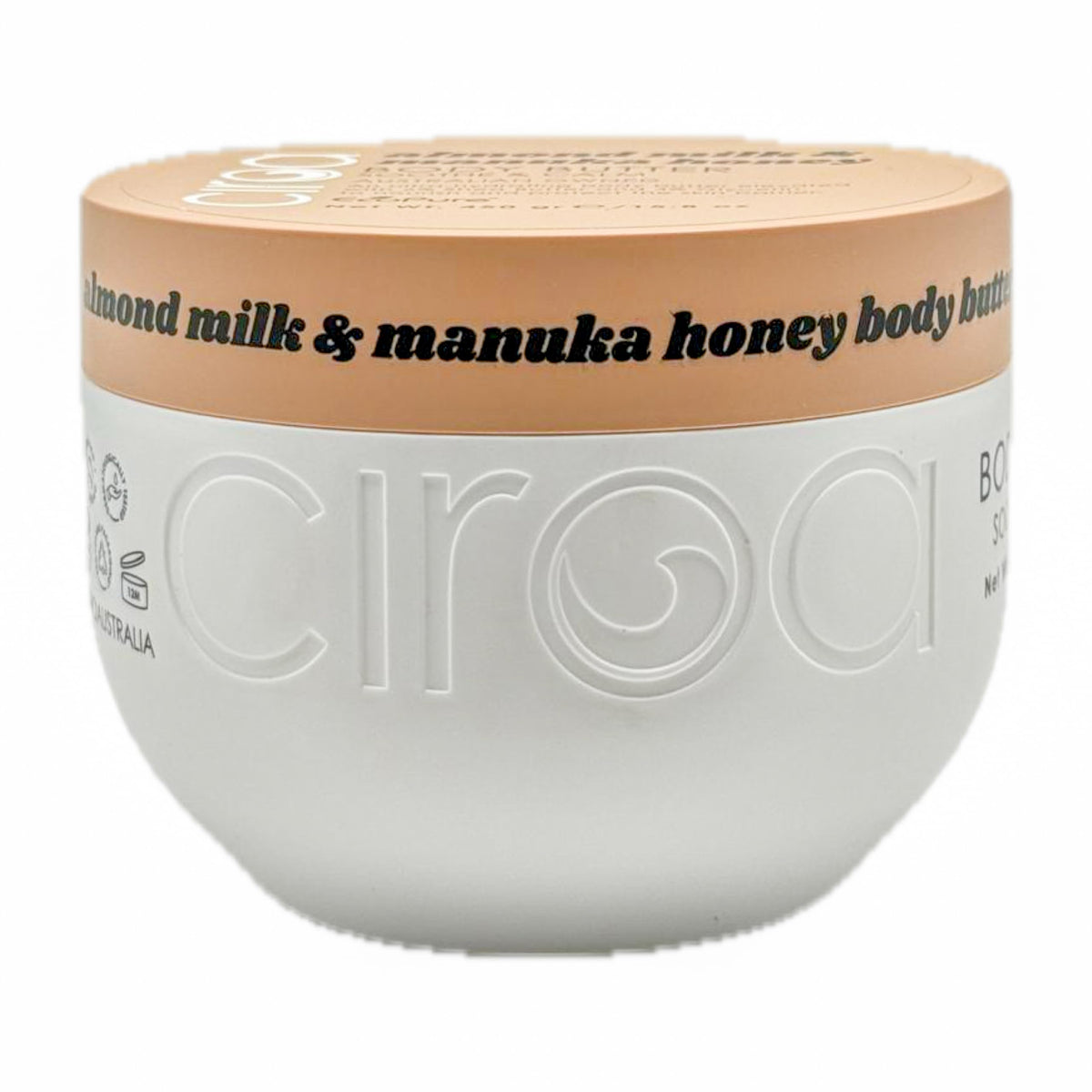 Ciroa Almond Milk Manuka Honey Body Butter tub on vanity highlights generous size