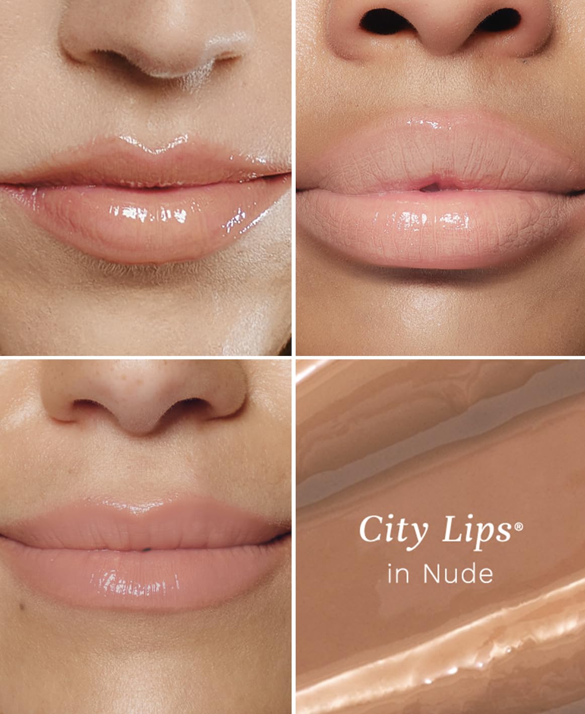 City Beauty City Lips Nude swatch on skin demonstrates warm nude shade and shine.