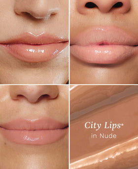 City Beauty City Lips Nude swatch on skin demonstrates warm nude shade and shine.