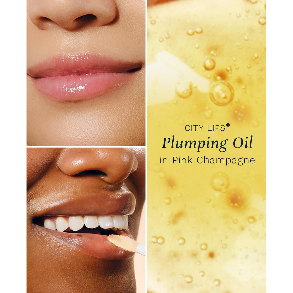 City Lips Plumping Oil on lips for nourishing comfort and soft pink glow.