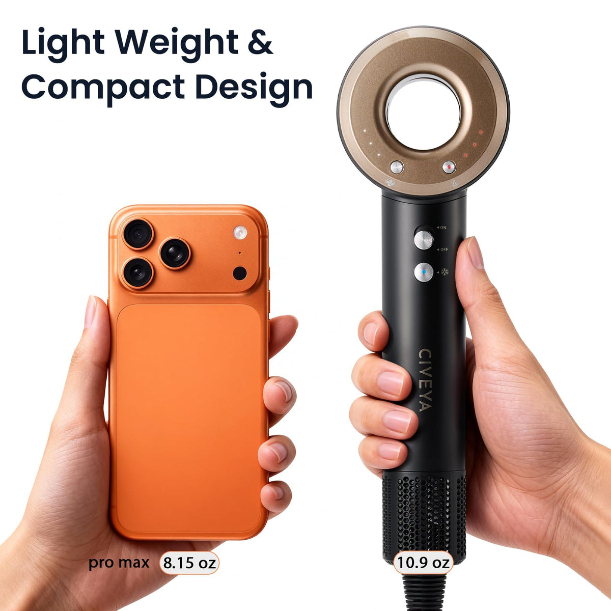 CIVEYA ionic frizz control technology image showing smoother hair results.