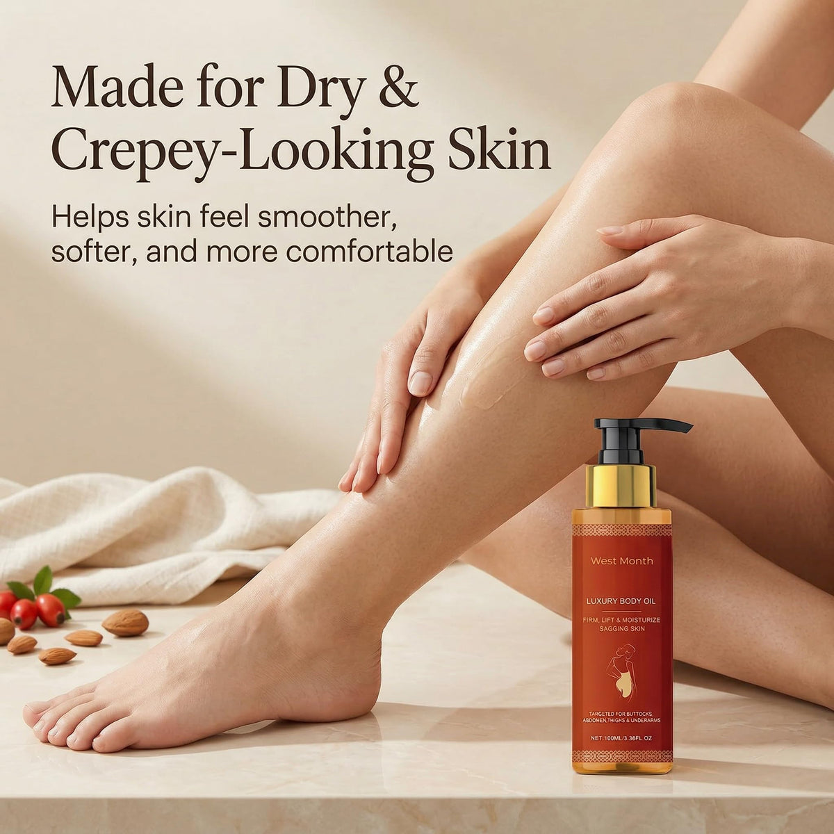 CJL CANKIRA Body Oil on leg for softer, moisturized skin