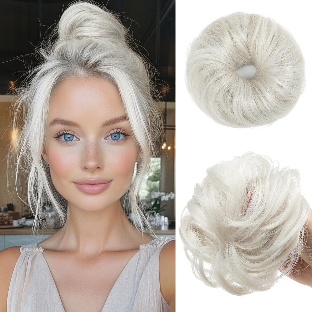 CJL HAIR 2pcs small cute messy bun close-up of soft white curls for thinning hair