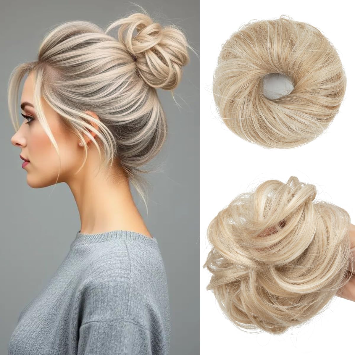 CJL HAIR 2PCs small messy bun in cream blonde adds lightweight volume for thinning hair