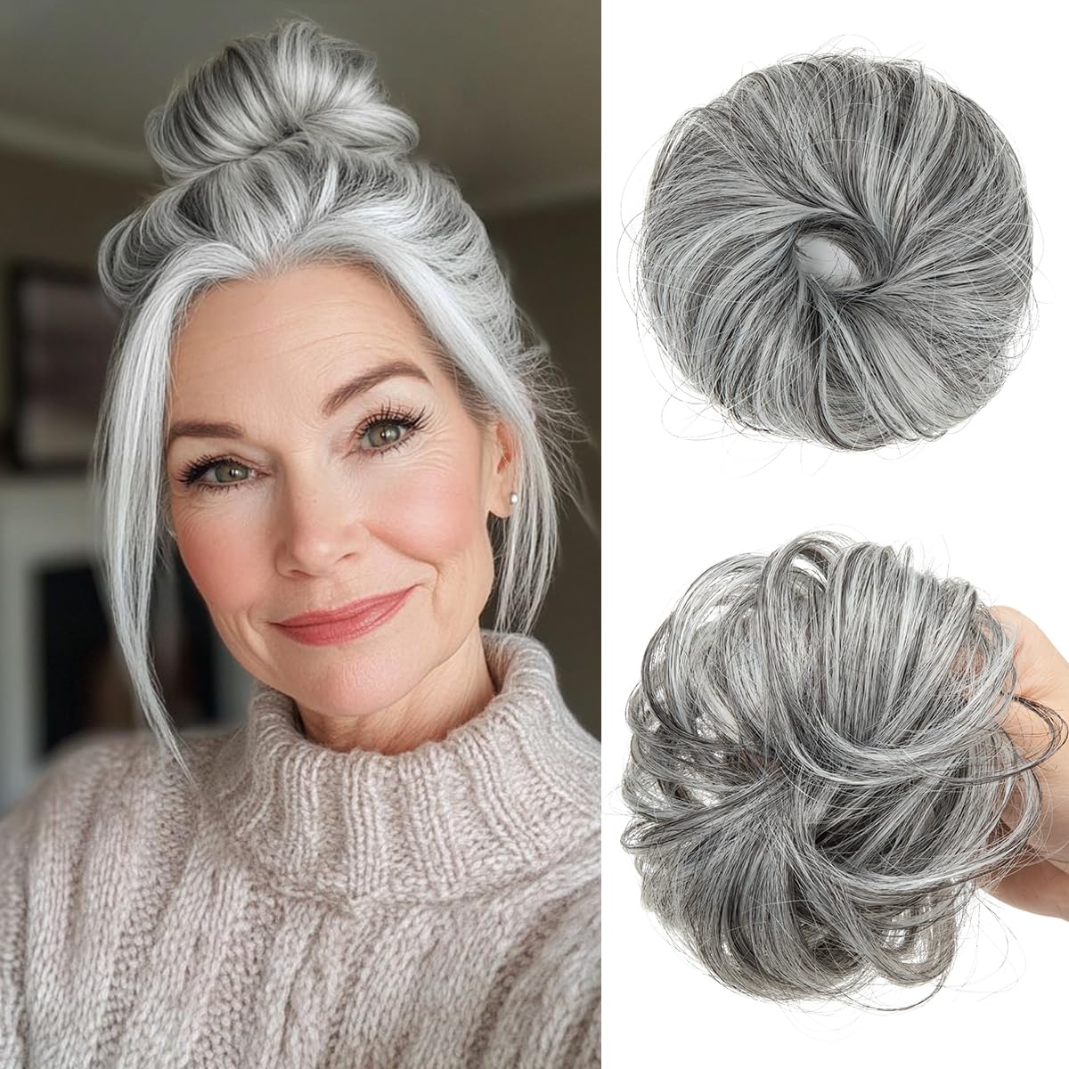 CJL HAIR mini curly bun in dark grey adds lightweight volume for thin hair