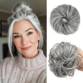 CJL HAIR mini curly bun in dark grey adds lightweight volume for thin hair