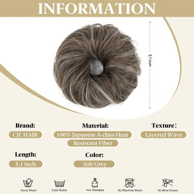 CJL HAIR mini synthetic curly bun ash grey creates easy updo and natural blend.