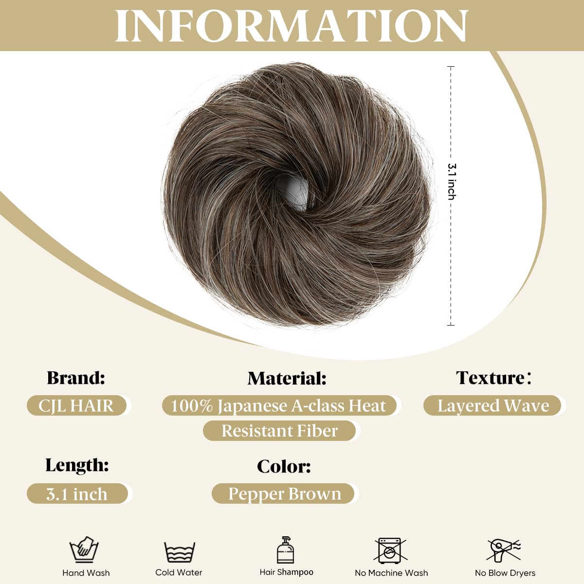 CJL HAIR thin hair volume bun close-up showing lightweight feel in pepper brown