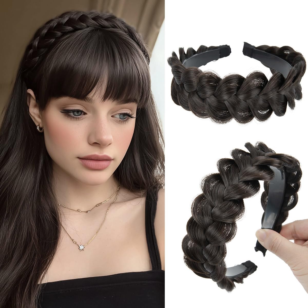 CJL HAIR wide braided headband dark brown close-up shows handbraided texture
