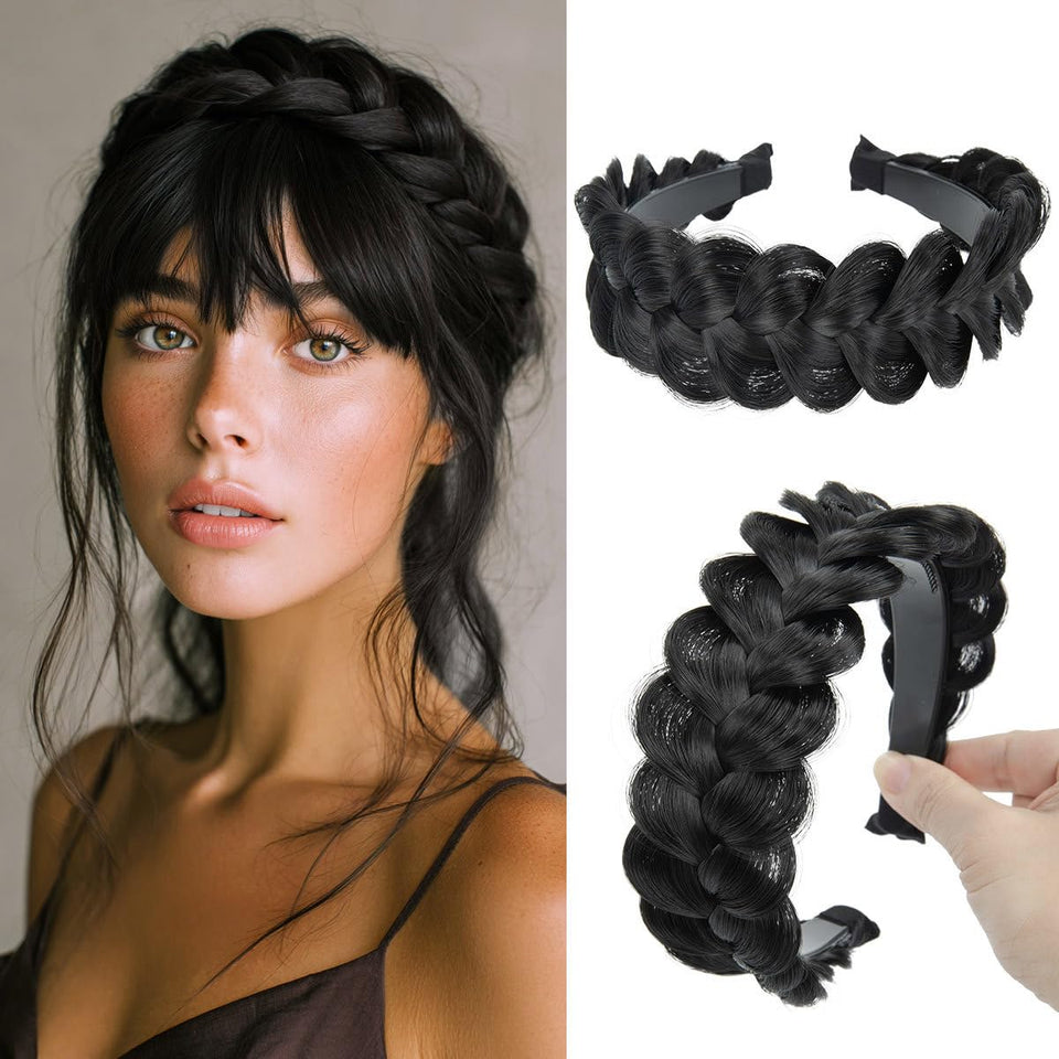 CJL HAIR wide braided headband front view with teeth for secure wear.