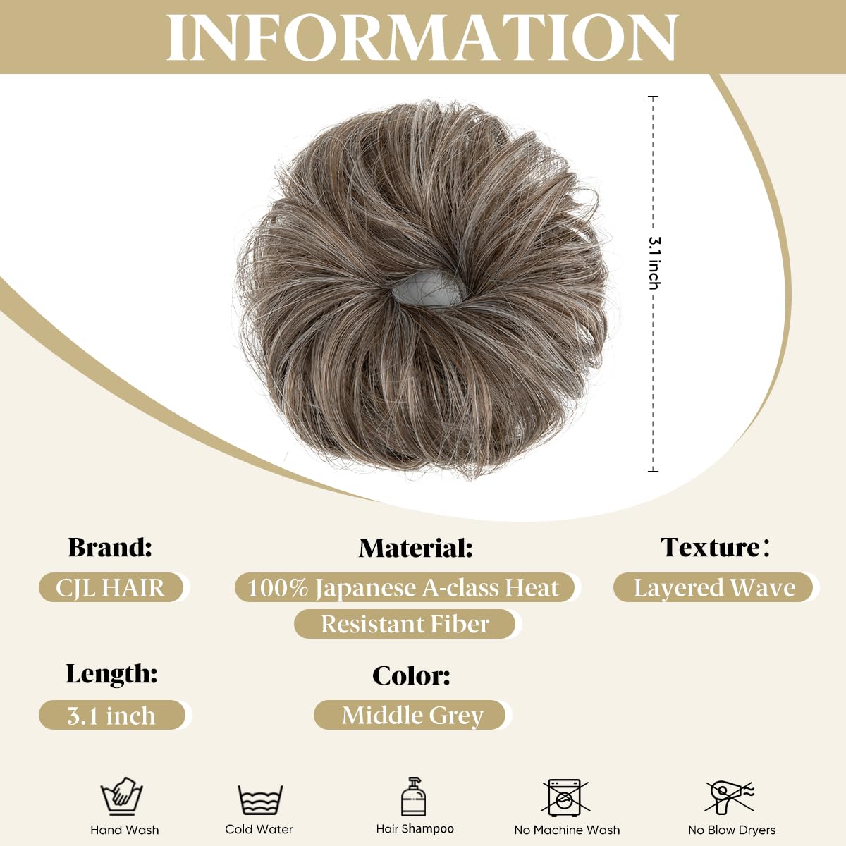 CJL HAIR mini synthetic curly bun can be worn high for a tousled, chic look.