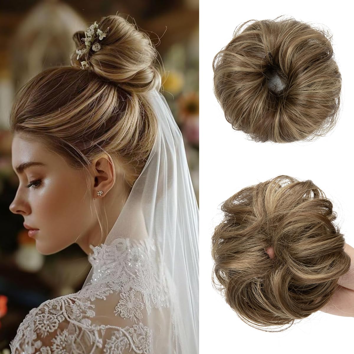CJL HAIR small messy bun piece in brown mix adds subtle volume.