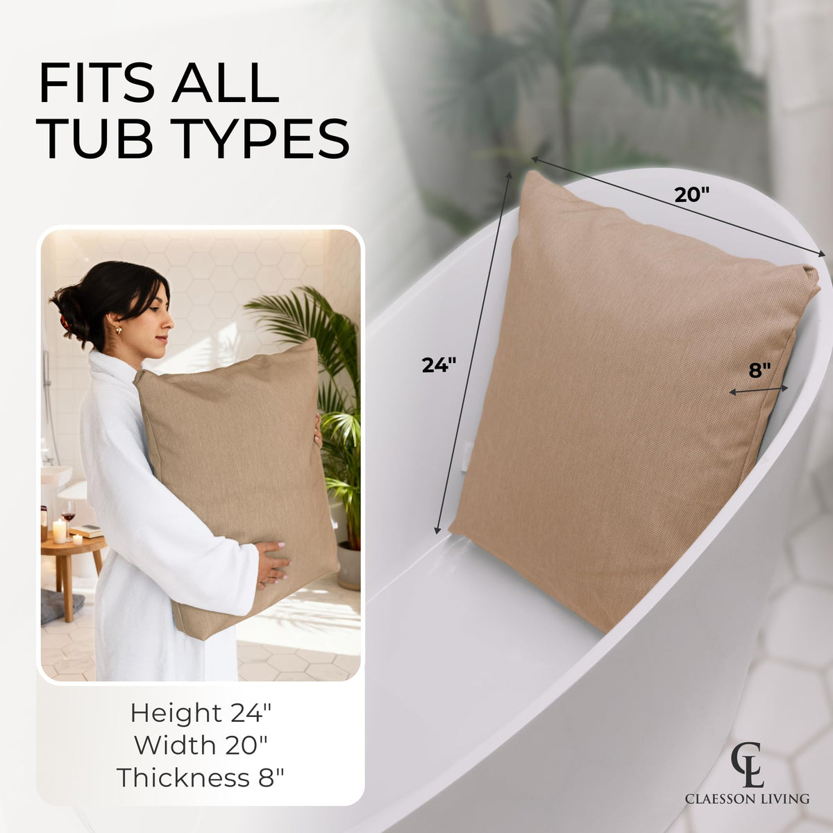 Claessonliving luxury bath pillow wide ergonomic design supports full body comfort.