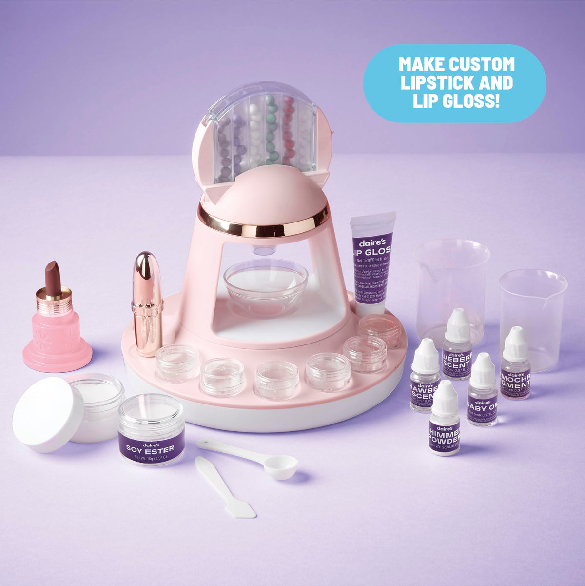 Claire’s beakers, bowl, and molds for precise DIY makeup prep.