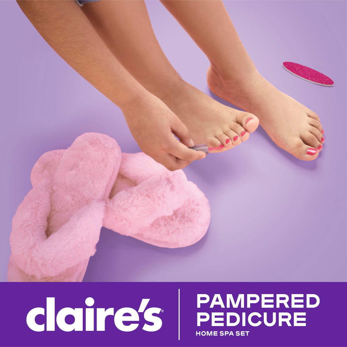 Claire's fuzzy slippers size 3-4 provide cozy spa vibes after polishing.
