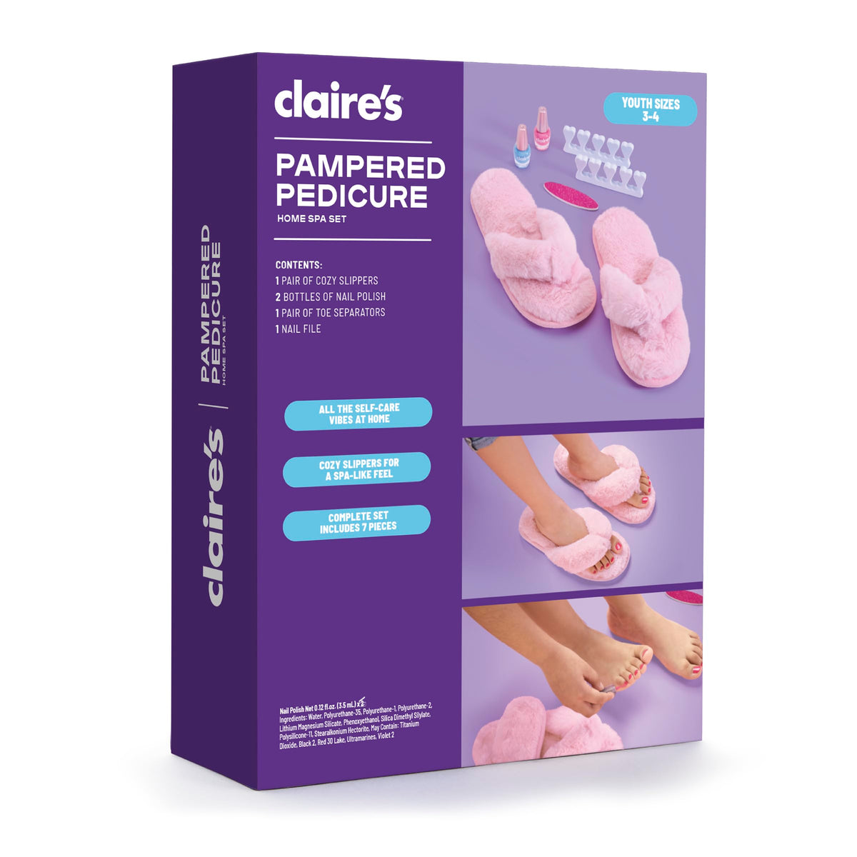 Claire's pampered pedicure set displayed on a vanity for kid-friendly beauty moments.