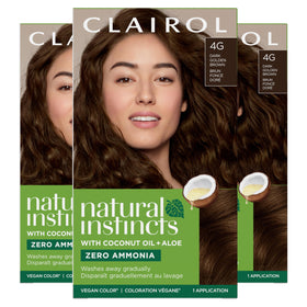 Clairol Natural Instincts 4G pack box demonstrates vegan, zero ammonia color kit for gentle application.