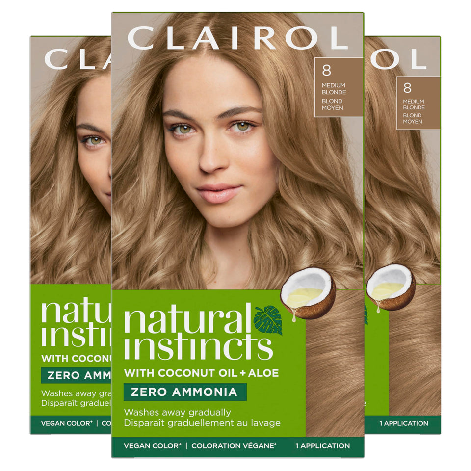 Clairol Natural Instincts 8 Medium Blonde kit for easy color application.