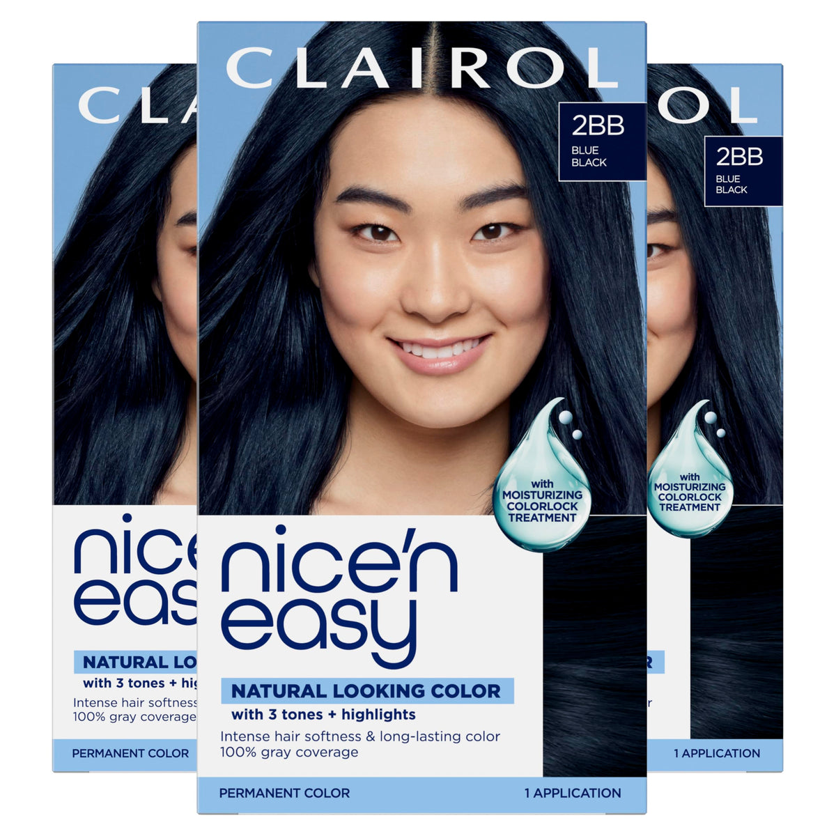 Clairol Nice'n Easy 2BB blue black box shown for natural gray coverage.