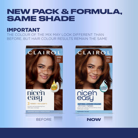 Dye bottle and cream kit from Clairol Nice'n Easy ensures smooth color uptake.