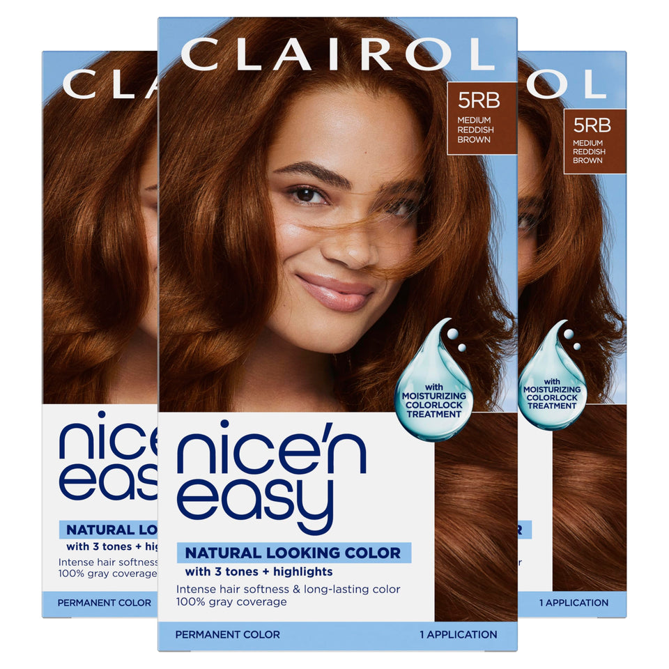 Clairol Nice'n Easy 5RB box highlights natural medium reddish-brown shade for gray coverage.