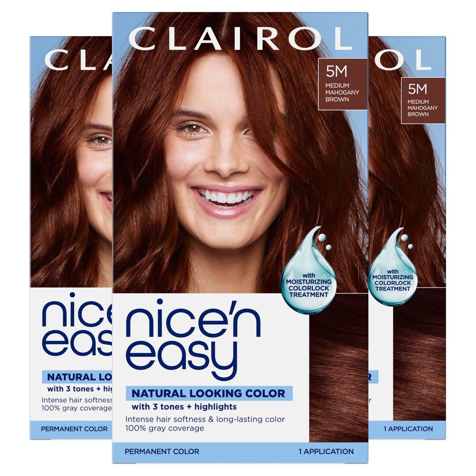 Clairol Nice'n Easy 5M bottle shows easy application for natural-looking color.