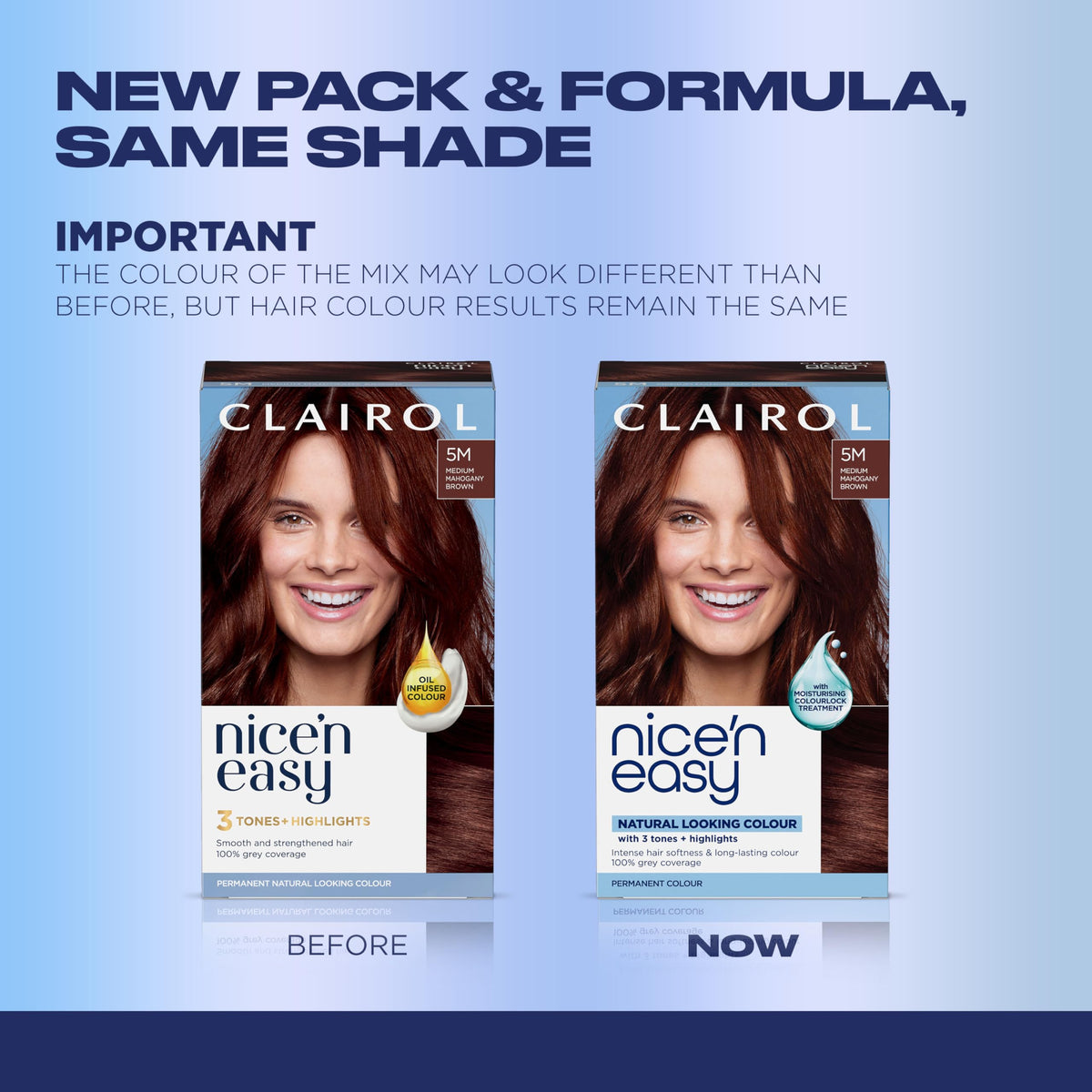 Clairol Nice'n Easy 5M dye kit with color chart enables precise shade selection.