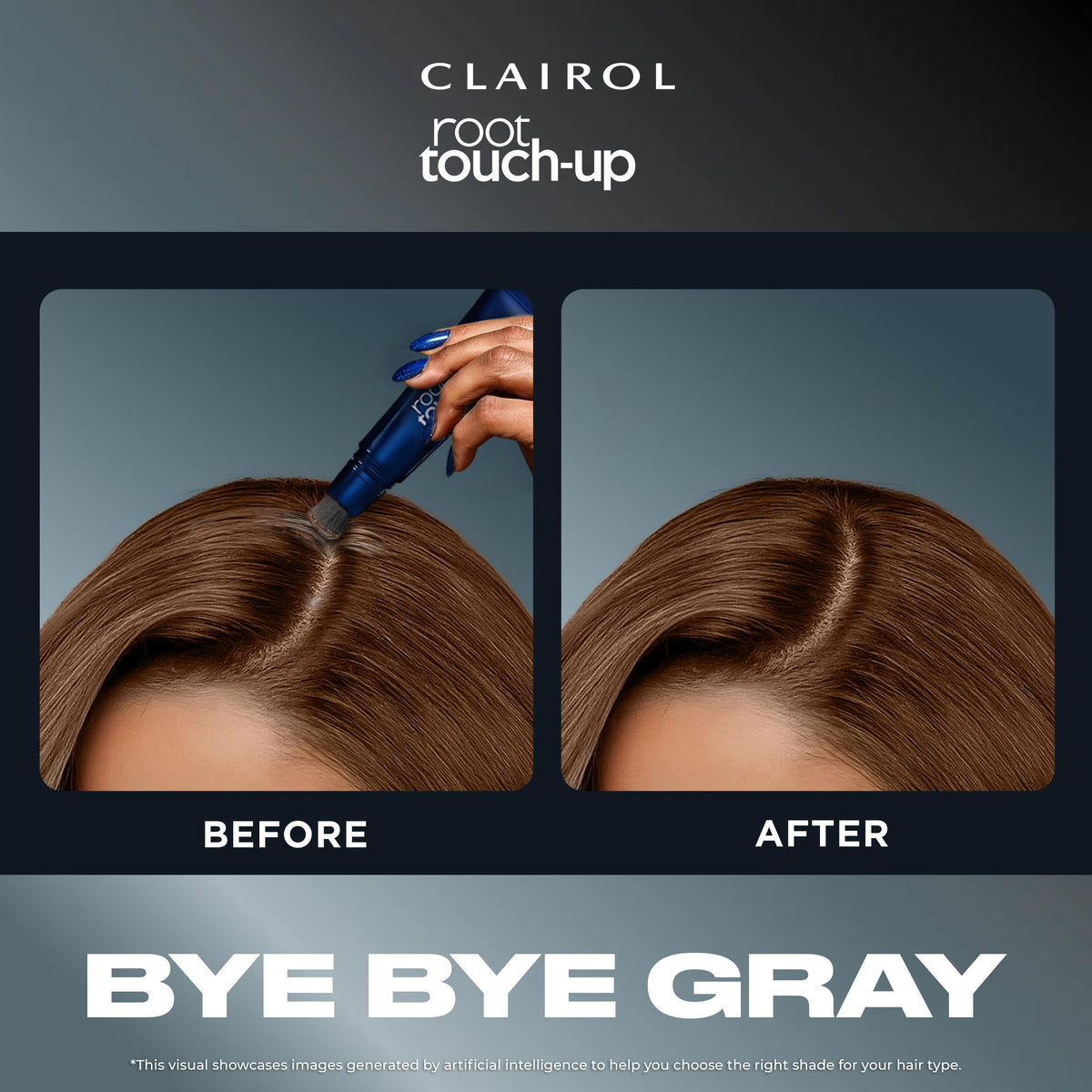 Clairol Root Touch-Up hairline coverage blends gray at the hairline.