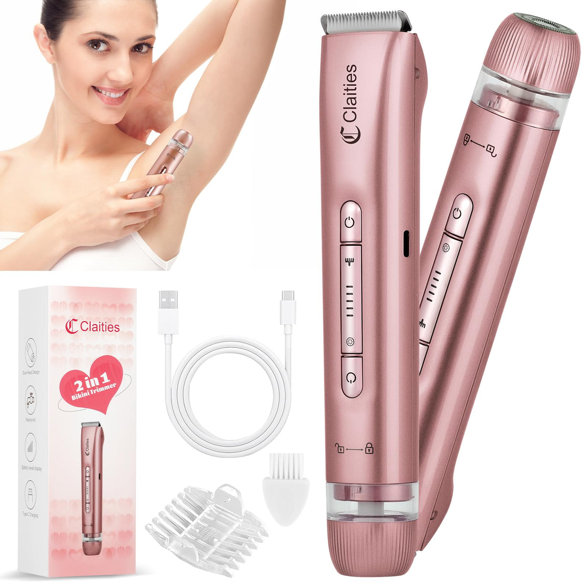 Claities 2in1 shaver dual-head rose gold for smooth body and facial grooming.