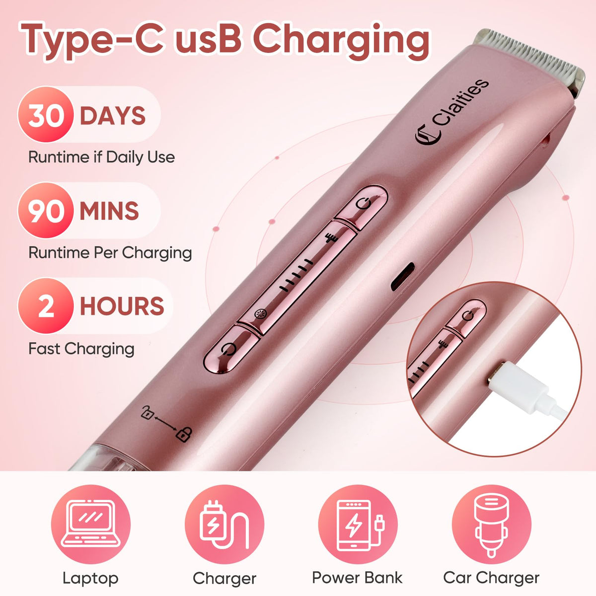Claities rechargeable razor with USB charging for travel-friendly grooming.