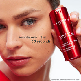 Clarins 24h hydration depicted on model's hydrated skin.