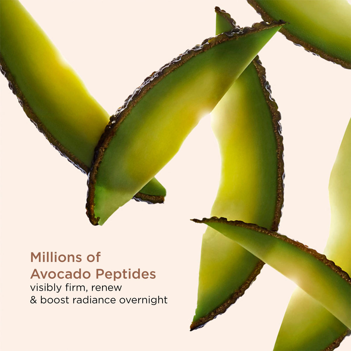 Clarins avocado peptides ingredient close-up suggesting nourishing hydration and plumpness.