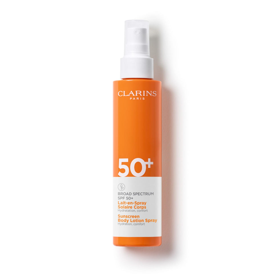 Clarins Body Sunscreen Lotion Spray bottle front view with broad UVA/UVB protection for daily use